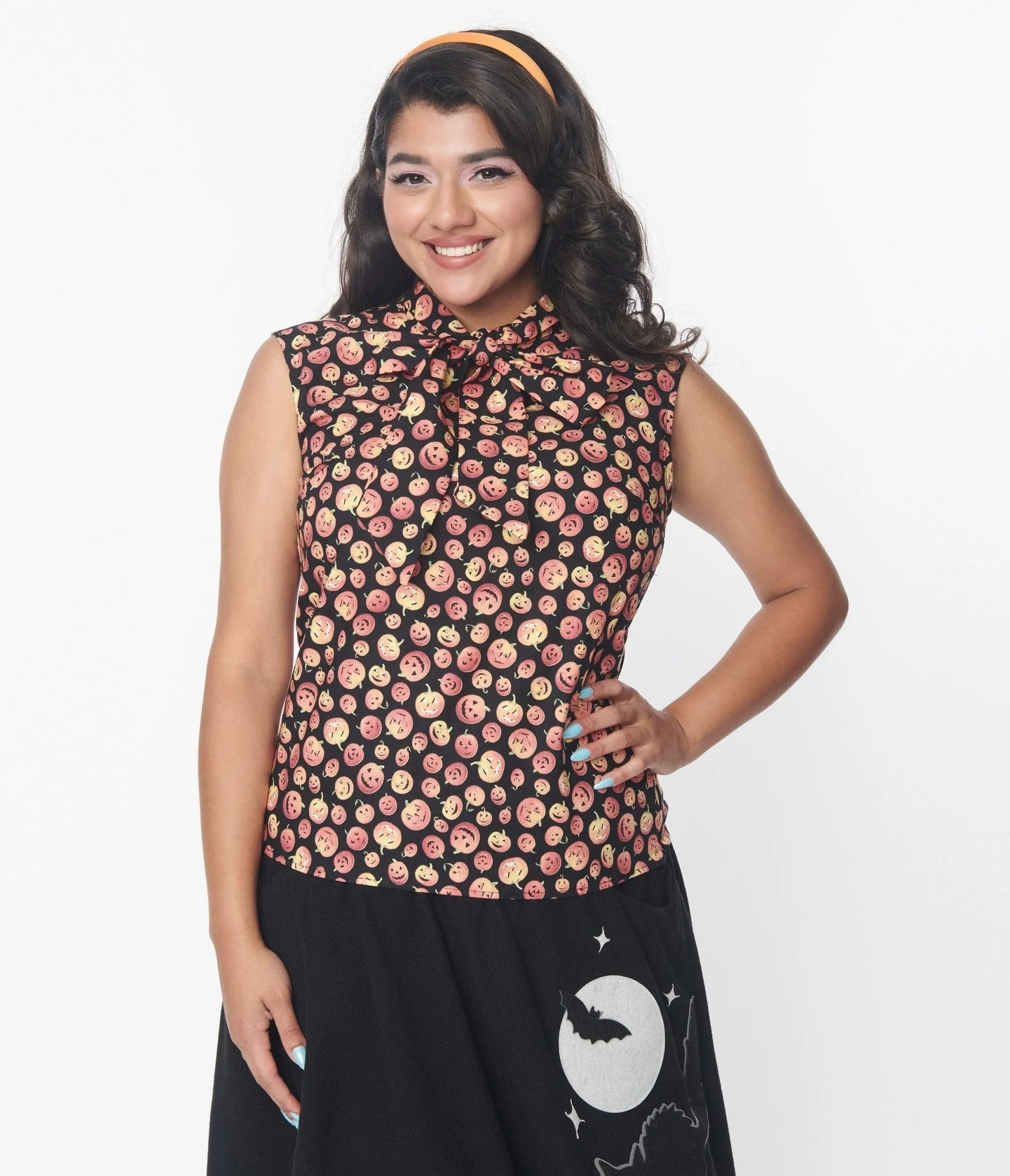 Retrolicious Black & Pumpkins Bow Blouse