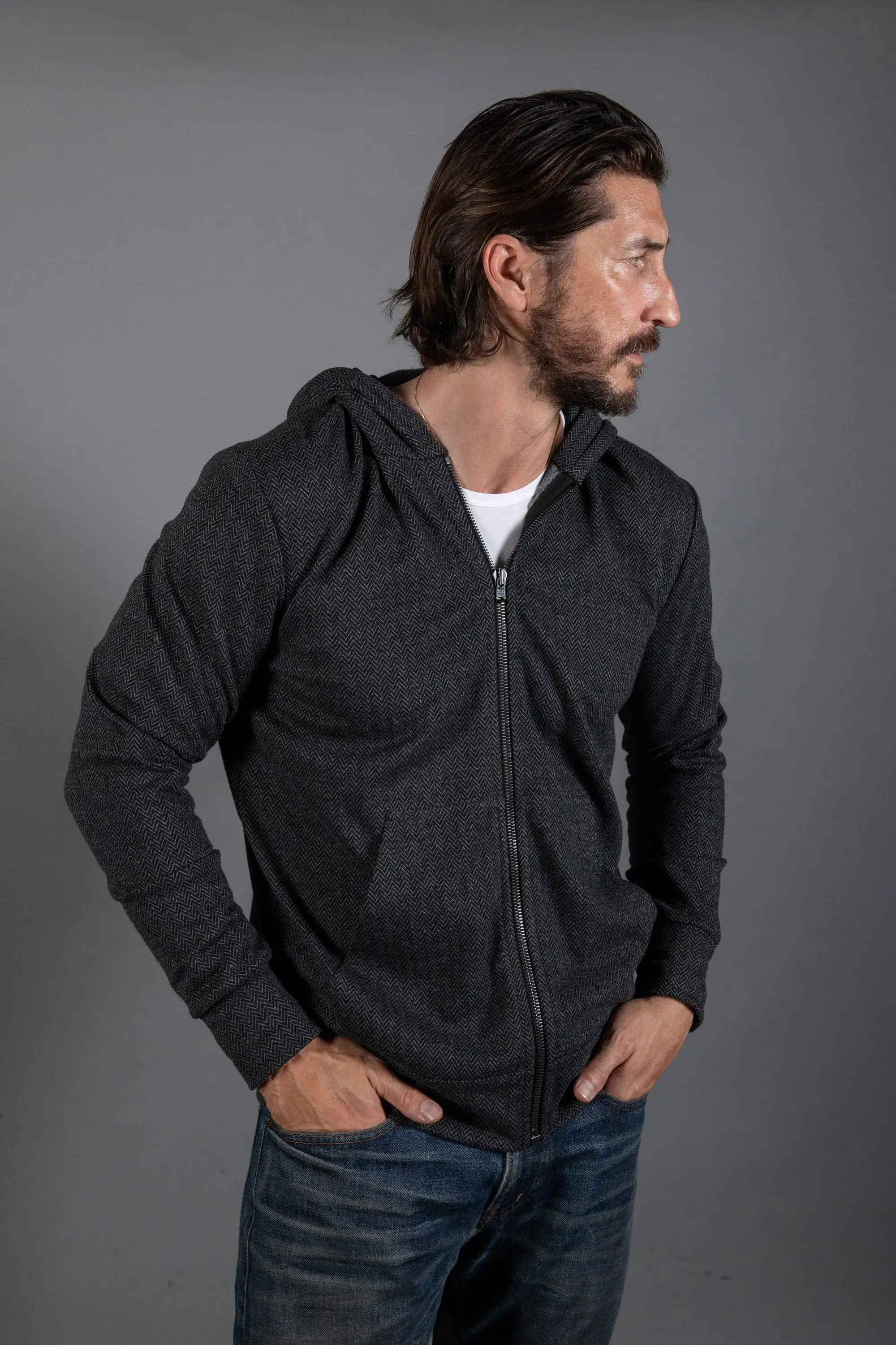 Spencer Herringbone Zip Front Hoodie