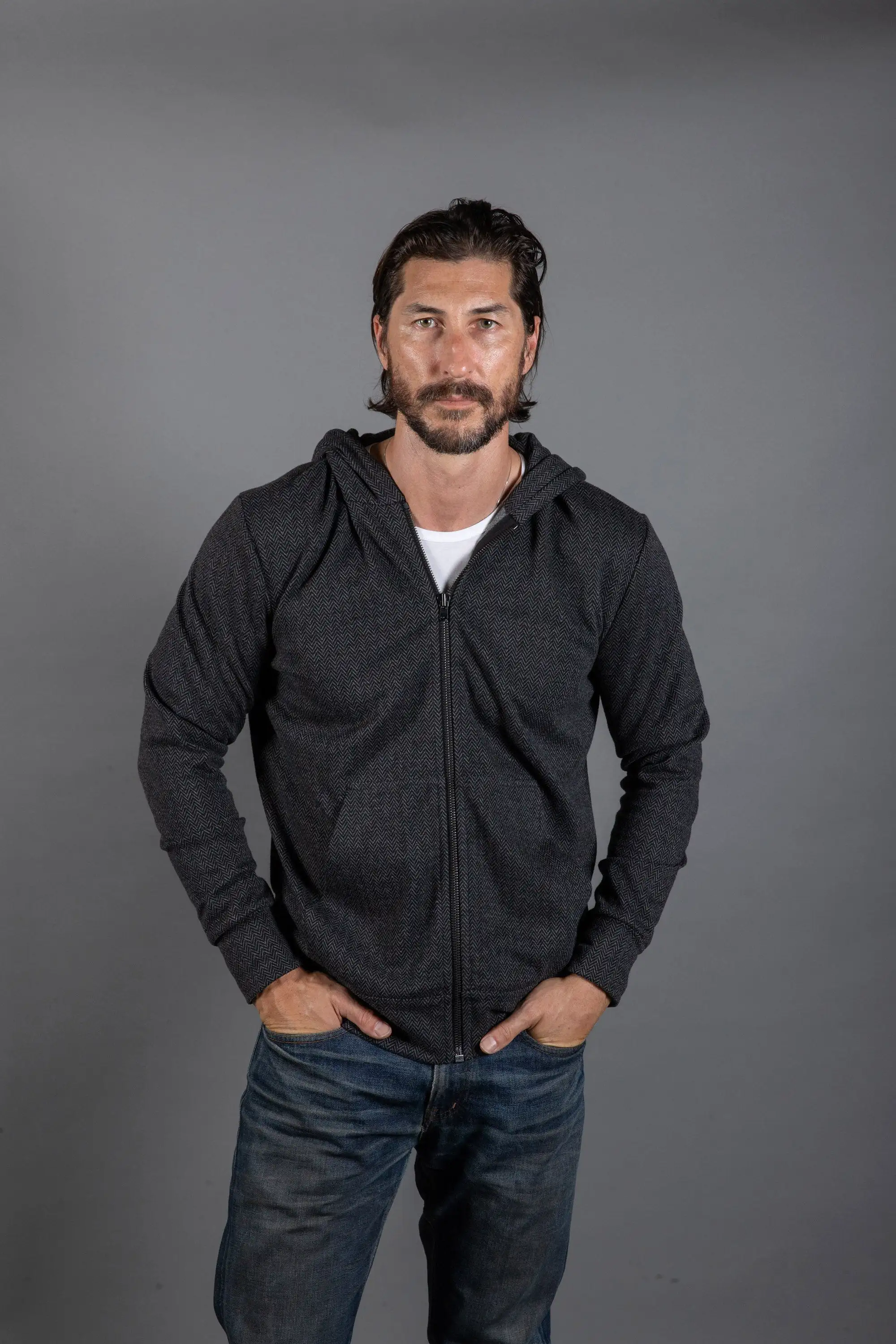 Spencer Herringbone Zip Front Hoodie