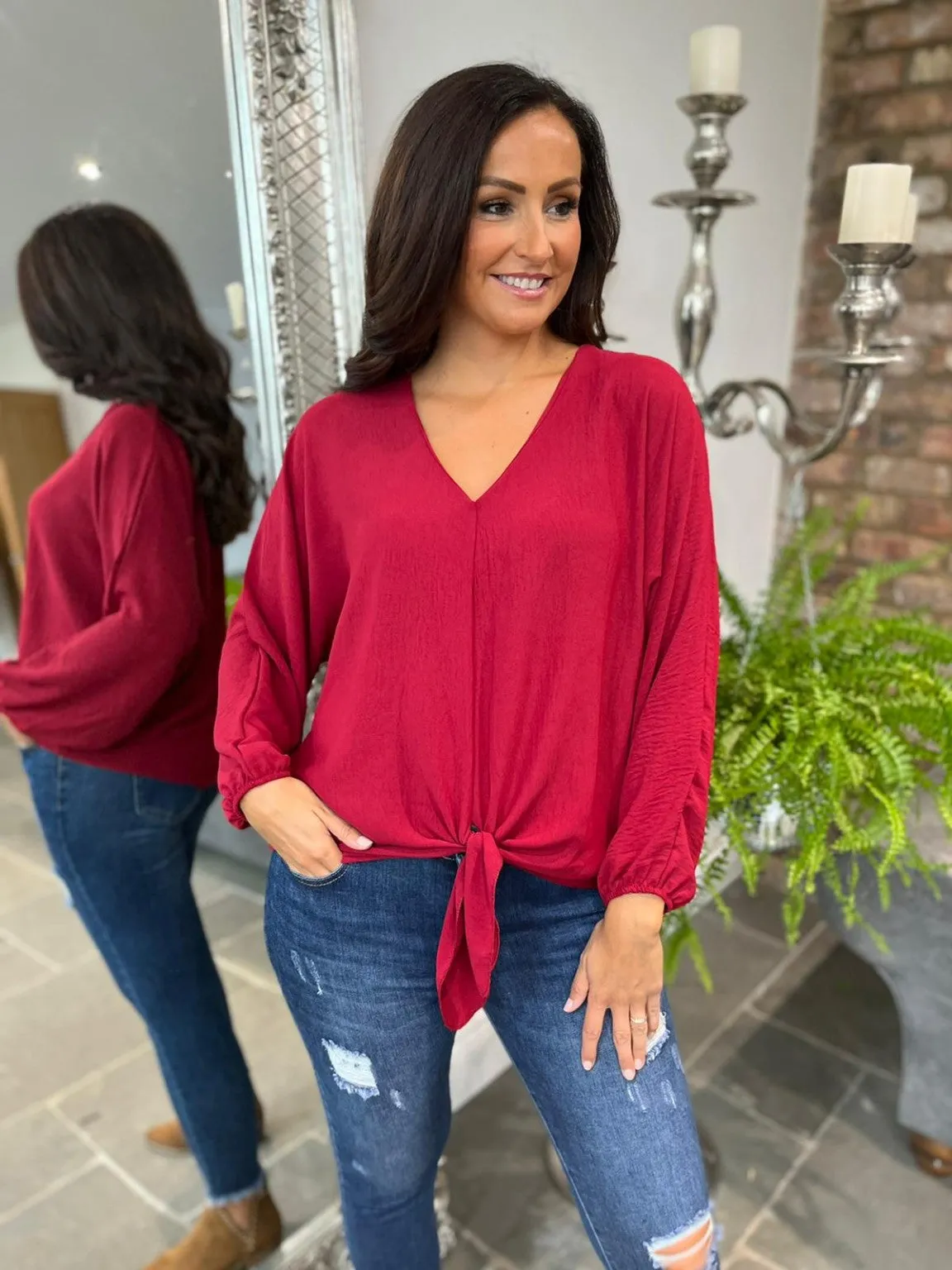 Tie Detail V Neck Top Tawny