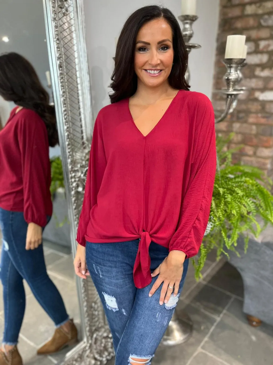 Tie Detail V Neck Top Tawny