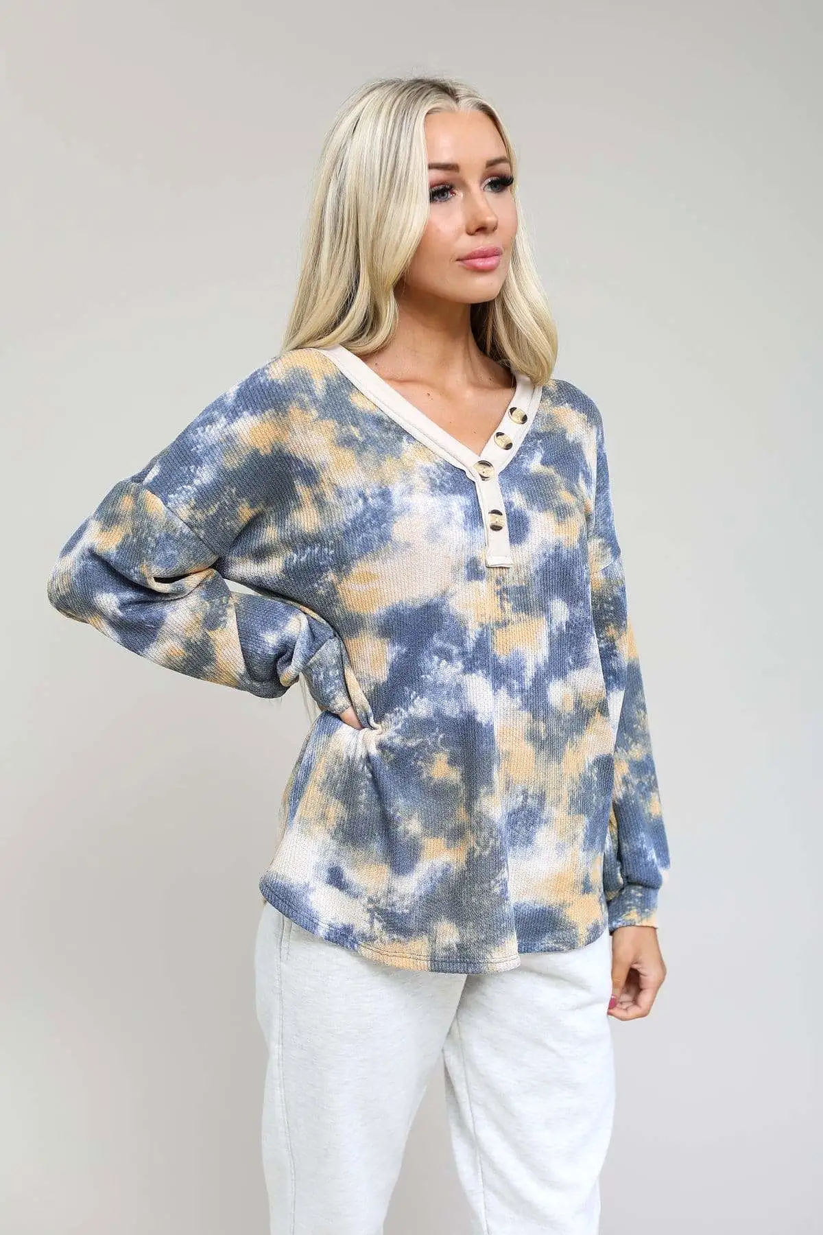 Tie Dye Button Detail V-Neck Top