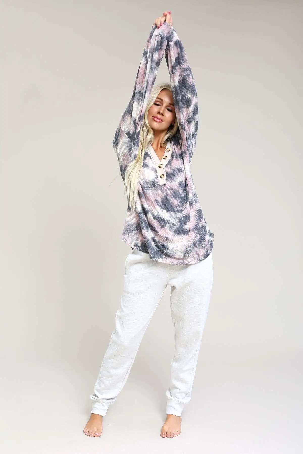 Tie Dye Button Detail V-Neck Top