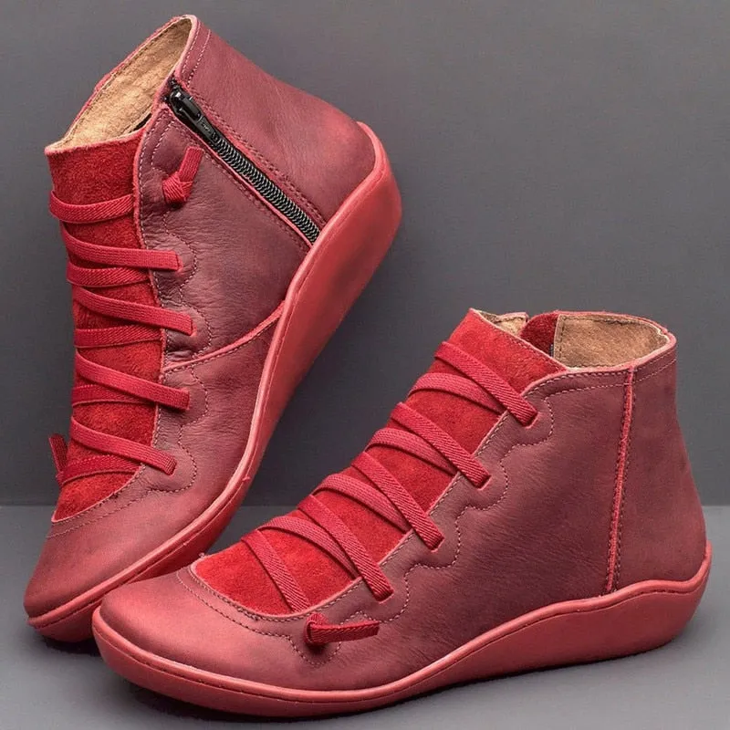 Women's Dark Red Genuine Leather Round Toe Lace-Up Snow Ankle Boots