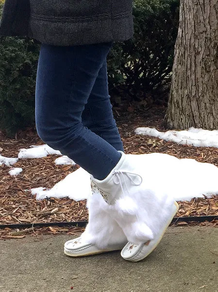 Women's White Mid Calf Rabbit Fur Mukluks