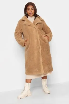 YOURS Curve Camel Brown Teddy Maxi Coat